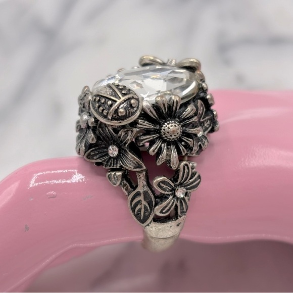 Chunky‎ Flower & Ladybug Antique Silver Tone Crystal Costume Ring Stretch Band - Picture 4 of 14